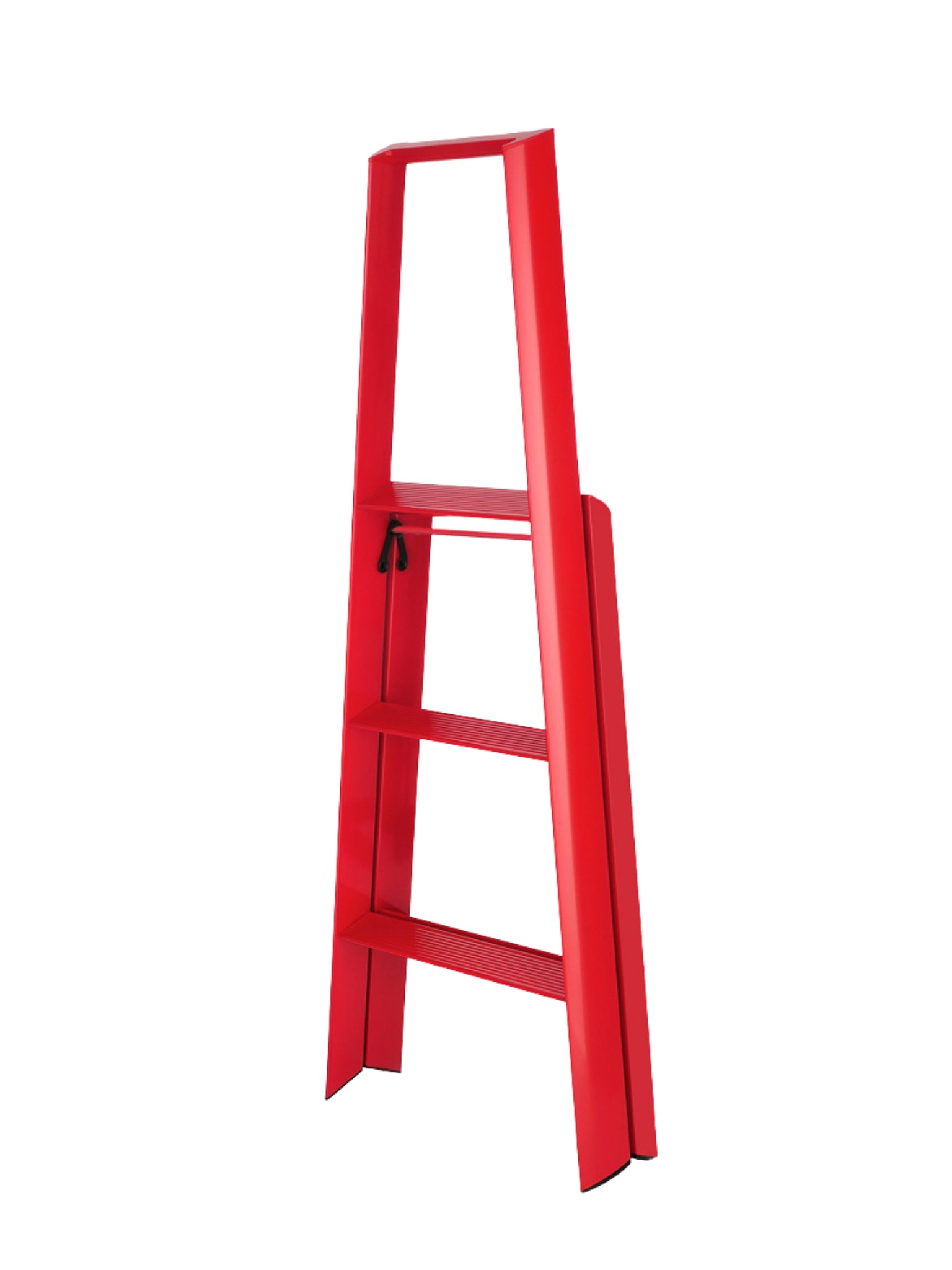 Vooraanzicht Lucano 3-step ladder rood – slank en rechtopstaand